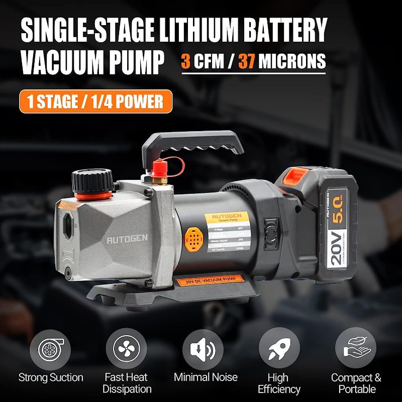 Photo 2 of AUTOGEN Single-Stage Vacuum Pump 3CFM 20V Lithium Battery DC Inverter 60 microns 1/4HP for Air Conditioner Refrigerant HVAC