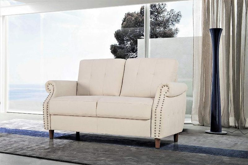 Photo 2 of US Pride Furniture Contemporary Fabric Upholstered Loveseat Sofa with Rolled Arms and Tufted Finish (Camel)
