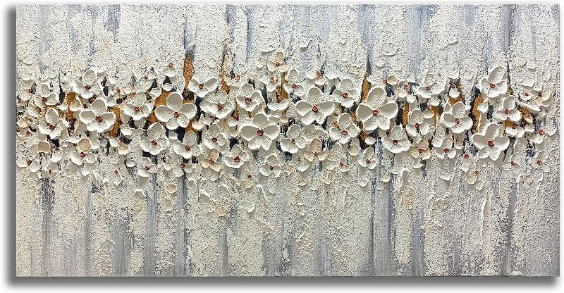 Photo 1 of Yika Art Paintings - 24X48 Inch 3D White Flowers Paintings Modern Abstract Textured Knife Platte Oil Painting Hand Painted On Canvas