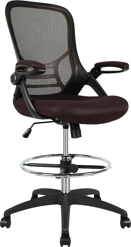 Photo 1 of HYLONE Drafting Chair, Tall Office Chair Standing Desk Chair Brown Mesh High-Back Drafting Stool with Flip-Up Arms (MISSING BOTTOM ROLLER AND BAR)