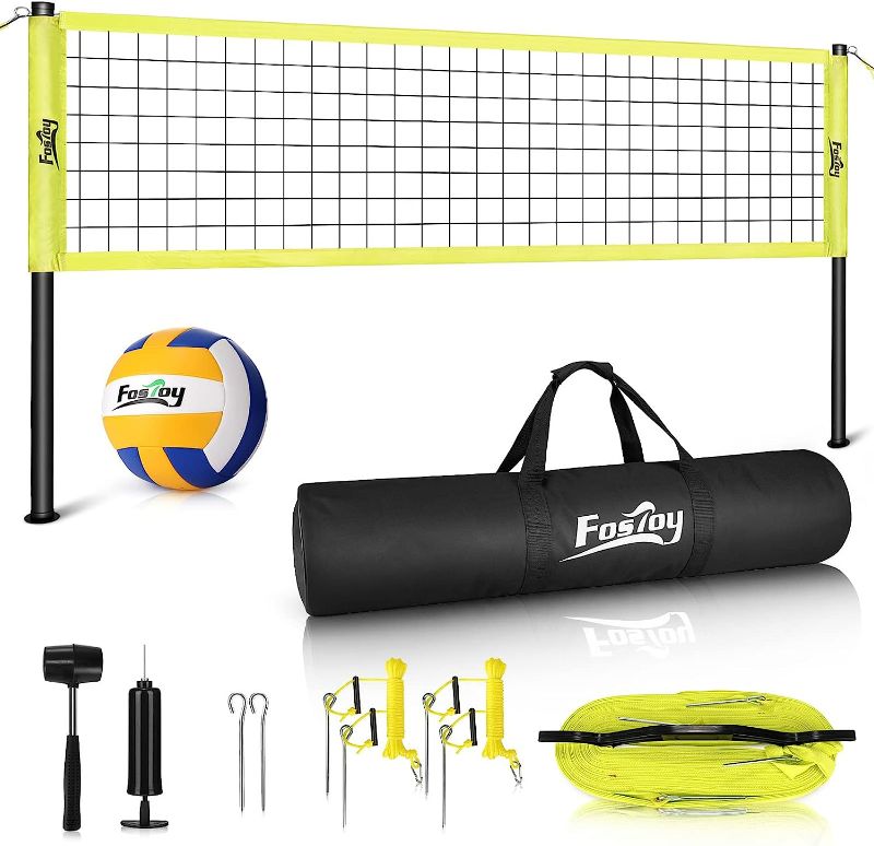 Photo 1 of Fostoy Volleyball Net Set, 32FT Outdoor Portable Professional Easy Setup with Anti-Sag System, Steady Metal Frame, PU Volleyball with Pump, Boundary Line, and Carrying Bag, for Backyard Lawn Beach
