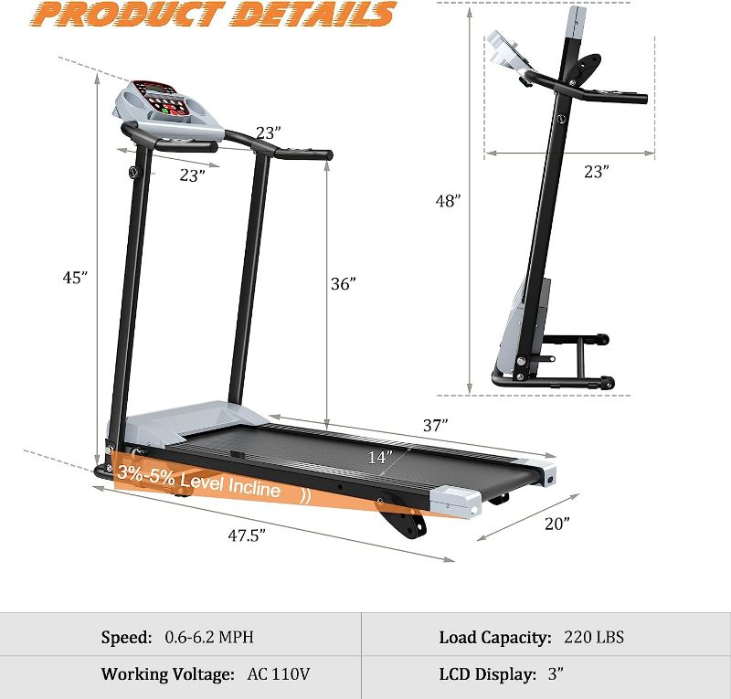 Photo 2 of Sandinrayli Folding Electric Treadmill, Running Machine w/3 Manual Incline & 12 Preset Program, Home Workout Machine for Office Apartment Small Space
