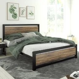 Photo 1 of Wood and Black Metal Frame Bed with Headboard