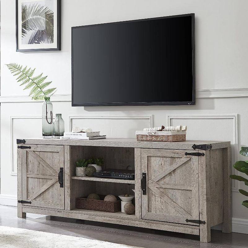 Photo 1 of Farmhouse TV Stand for TVs Up to 75 inches, Wood Barn Door Media Television Console Table with Storage Cabinets, Easy Assembly Modern Entertainment Center for Living Room, Grey Wash
