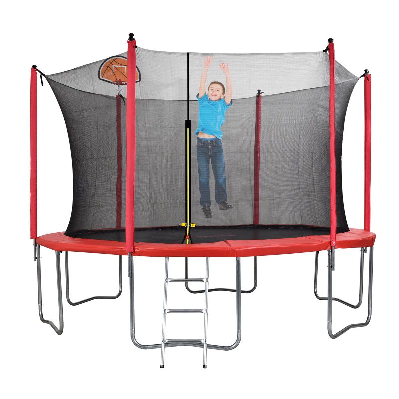 Photo 1 of JOYMOR 12Ft Trampoline with Safety Enclosure Net Basketball Hoop, Exercise Trampoline with Ladder, Recreational Trampoline for All Ages with Heavy Duty Frame and Safety Pad(Red)