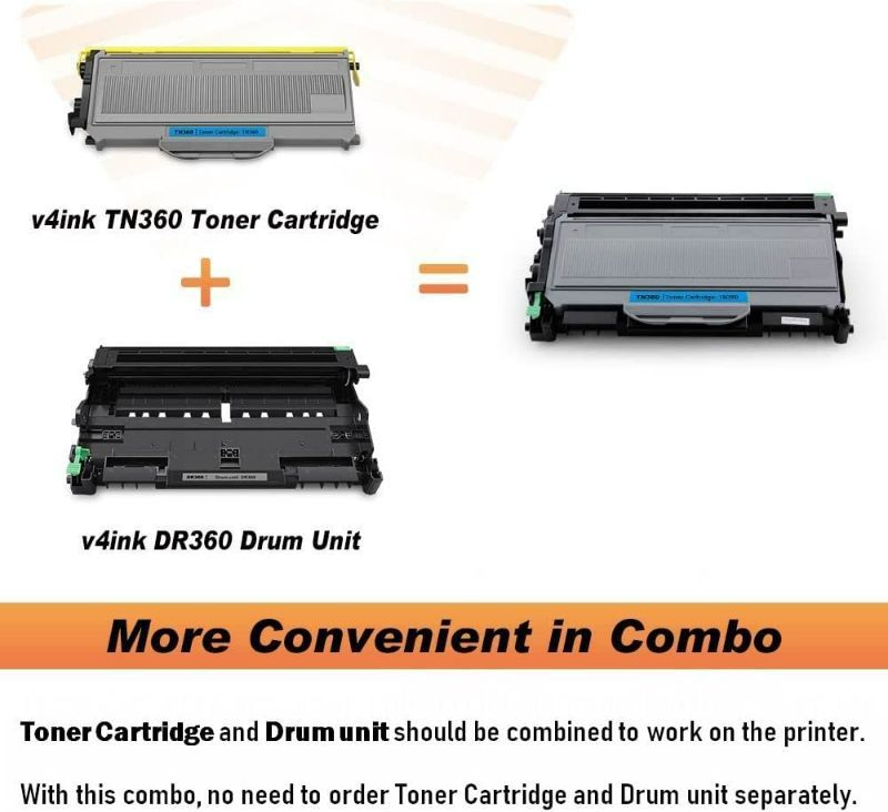 Photo 2 of v4ink Compatible Drum+Toner Replacement for Brother DR360 TN360 (1Drum + 1Toner) Work with DCP7030 DCP7040 DCP7045 HL2120 HL2140 HL2150 HL2170 MFC7320 MFC7340 MFC7345 MFC7440 MFC7445 MFC7450 MFC7840