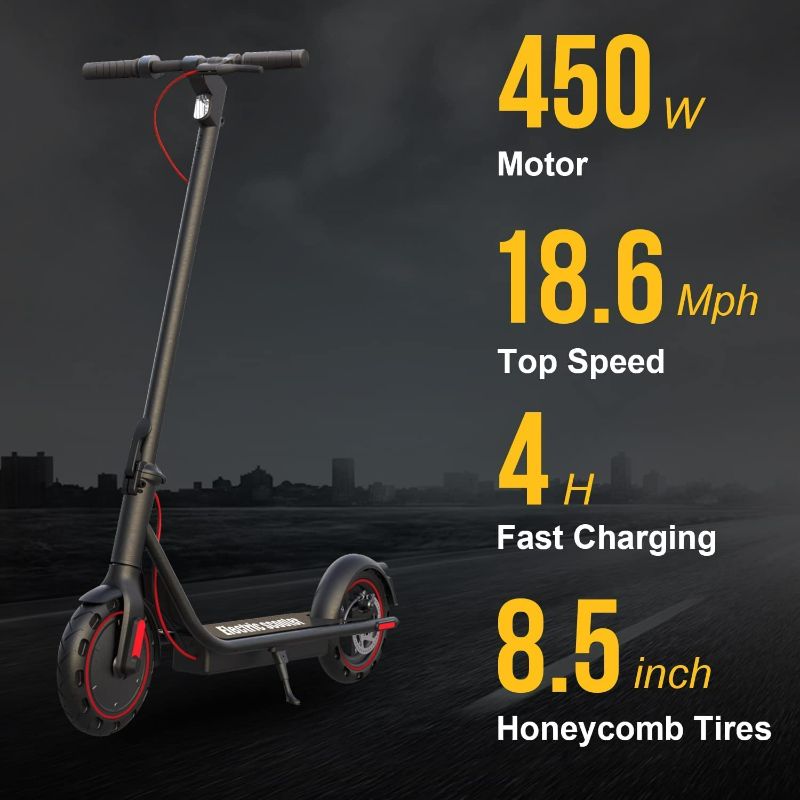 Photo 2 of Electric Scooter 450W Powerful Motor,19mph Speed and 8.5” Honeycomb Solid Tires,Anti-Theft Lock,Wide Deck Portable & Folding e Scooter for Adults