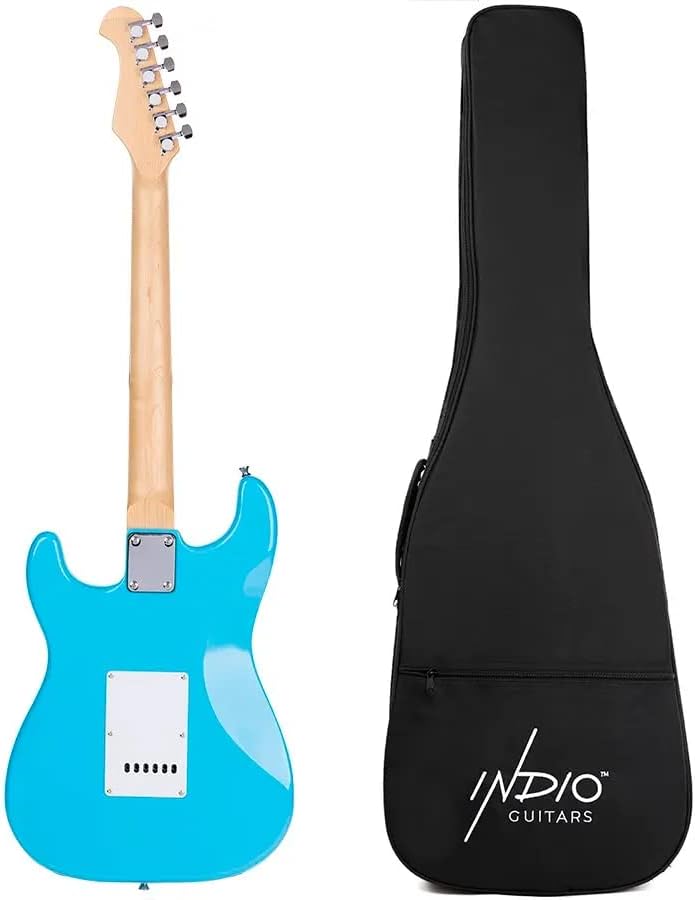 Photo 1 of Monoprice Cali Classic Electric Guitar - Blue, 6 Strings, Double-Cutaway Solid Body, Right Handed, SSS Pickups, Full-Range Tone, With Gig Bag, Perfect for Beginners - Indio Series