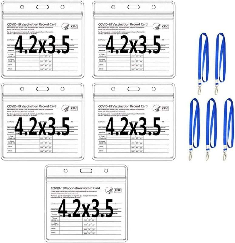 Photo 1 of 5 Packs CDC Vaccination Card Protector Card Holder 4.2 X 3.5 Inches Card Protector Immunization Record Cards Holder Clear Vinyl Plastic Sleeve with Waterproof Type Resealable Zip with 5 Lanyards - 3 SETS of 5 - 15 total