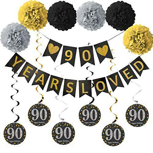 Photo 1 of Luxiocio 90th Birthday Party Decorations Kit - 90 Years Loved Banner, 6Pcs 90 Hanging Swirls, 6Pcs Poms - 90 Years Old Birthday Party Supplies 90th Anniversary Decorations