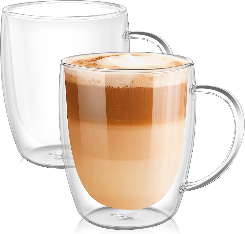 Photo 1 of PunPun Coffee Cups Clear Coffee Mugs, Espresso Cups,Double Wall Glass Coffee Mugs with Big Handle, Clear Mugs Each 380ml, Perfect Glass Mugs for Hot Beverages, Latte, Cappuccinos. (12.9OZ./Set of 2)