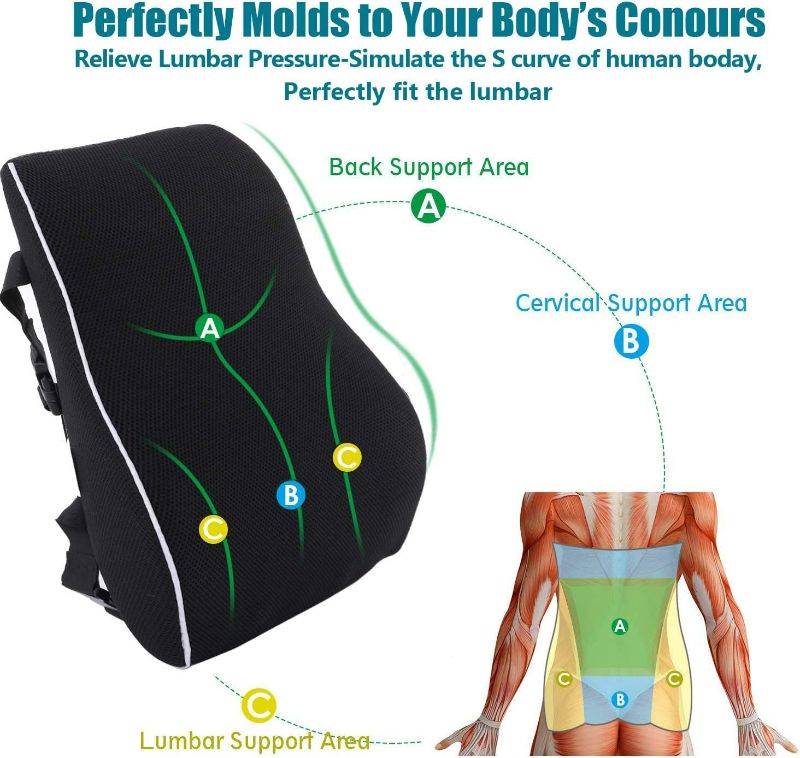 Photo 2 of Lumbar Support Pillow for Office Chair Back Support Pillow for Car, Computer, Gaming Chair, Recliner Memory Foam Back Cushion for Back Pain Relief Improve Posture, Mesh Cover Double Adjustable Straps