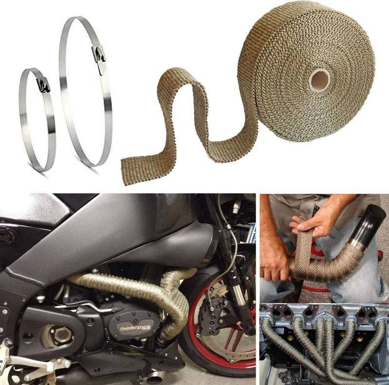 Photo 3 of LEDAUT 2 Roll 2" x 50' Titanium Exhaust Heat Wrap Roll for Motorcycle Fiberglass Heat Shield Tape with Stainless Ties