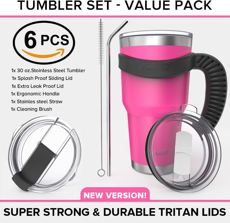 Photo 2 of Stainless Steel Travel Mug with Handle 30 oz - 6 Piece Set. Tumbler with Handle, Straw, Cleaning Brush & 2 Lids. Double Wall Insulated Large Coffee Mug Bundle - Hot Pink Powder Coat Tumbler