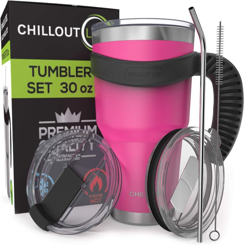 Photo 1 of Stainless Steel Travel Mug with Handle 30 oz - 6 Piece Set. Tumbler with Handle, Straw, Cleaning Brush & 2 Lids. Double Wall Insulated Large Coffee Mug Bundle - Hot Pink Powder Coat Tumbler