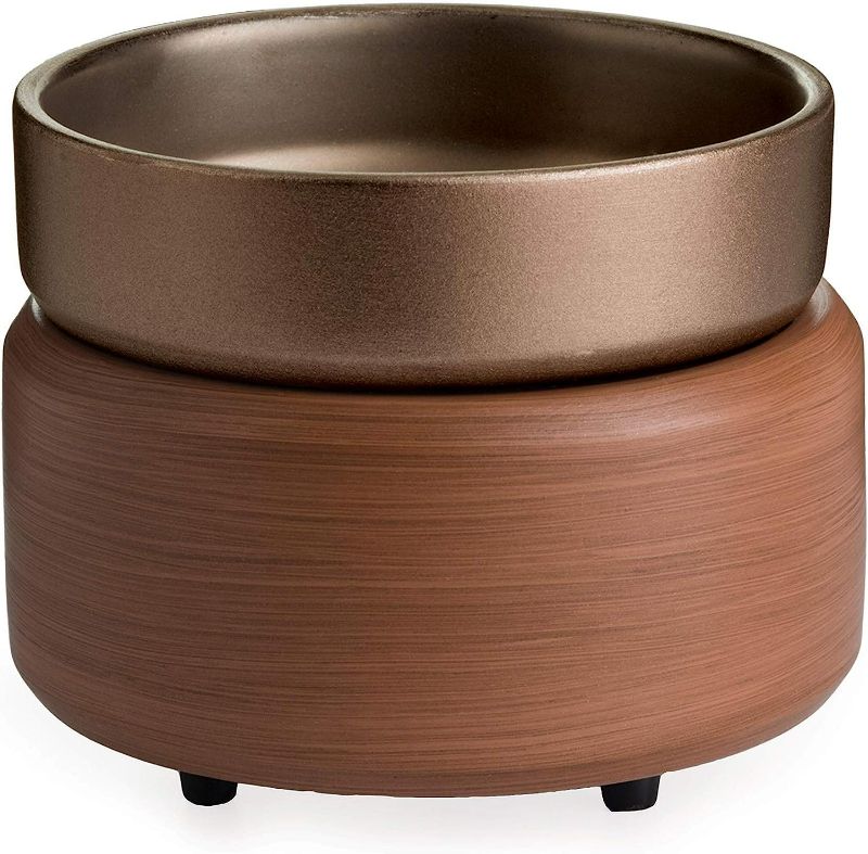 Photo 1 of CANDLE WARMERS ETC 2-in-1 Candle and Fragrance Warmer for Warming Scented Candles or Wax Melts and Tarts with to Freshen Room, Bronze and Walnut-Finish Ceramic