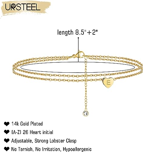 Photo 2 of Ursteel Ankle Bracelets for Women, 14K Gold Plated Dainty Layered Heart Initial Anklets for Women Teen Girls