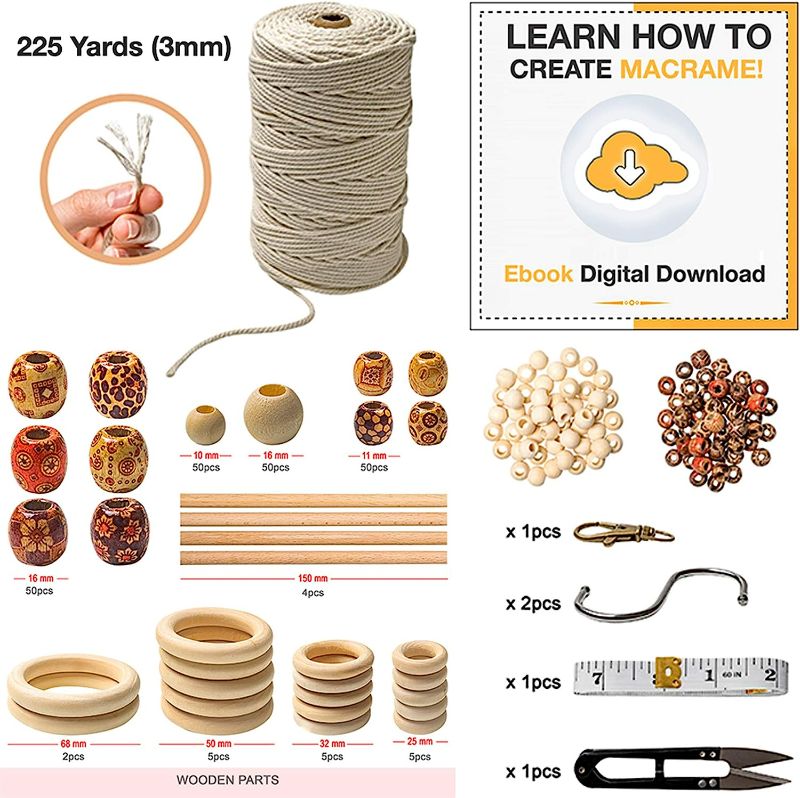 Photo 3 of Macrame Kit - 227pc Macrame Wall Hanging Kit. Macrame Plant Hanger Kit Supplies 225y Macrame Cord 3mm Beads Wood Dowels Rings E Book. Macrame Starter Set Hanging Plant DIY Craft Kits Adults Beginners