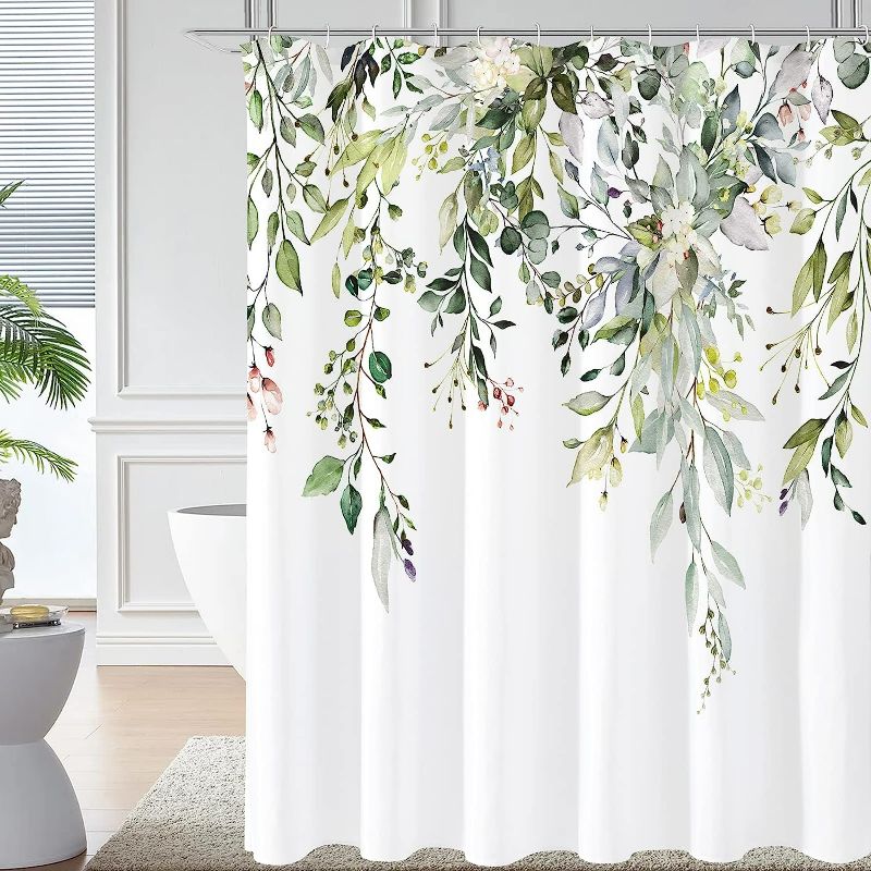 Photo 1 of Gibelle Sage Green Eucalyptus Shower Curtain, Watercolor Plant Leaves with Floral Bathroom Decor Waterproof Fabric Shower Curtain Set with Hooks 72x72 Inch White