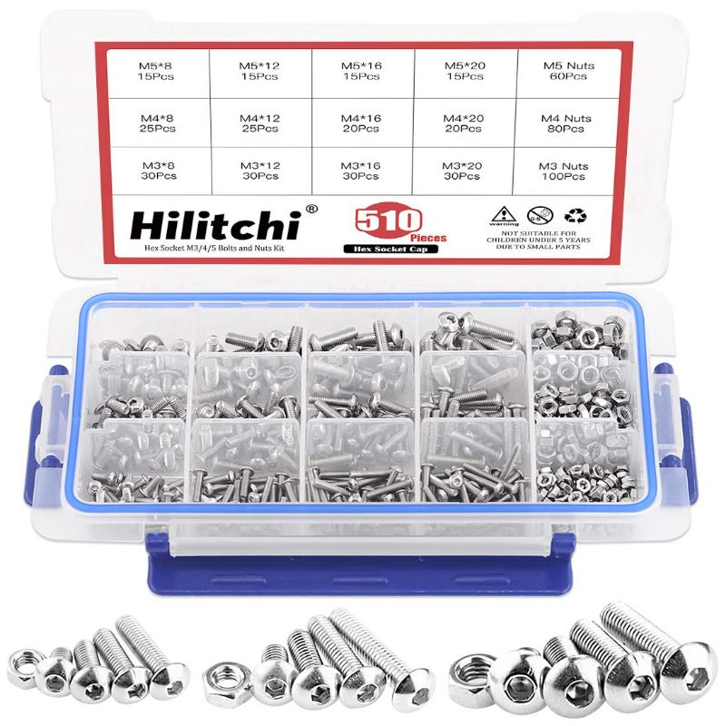 Photo 1 of Hilitchi 510pcs M3 M4 M5 Stainless Steel Button Head Hex Socket Head Cap Bolts Screws Nuts Assortment Kit - 304 Stainless Steel (Button Head)