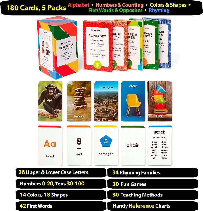 Photo 2 of Think Tank Scholar Flash Cards for Preschool, Pre K and Kindergarten Set of 5, 180 Cards - Learn Alphabets, Colors, Number, Shapes Animals & Sight Words - Educational Flashcards for Kids 2-5 Years