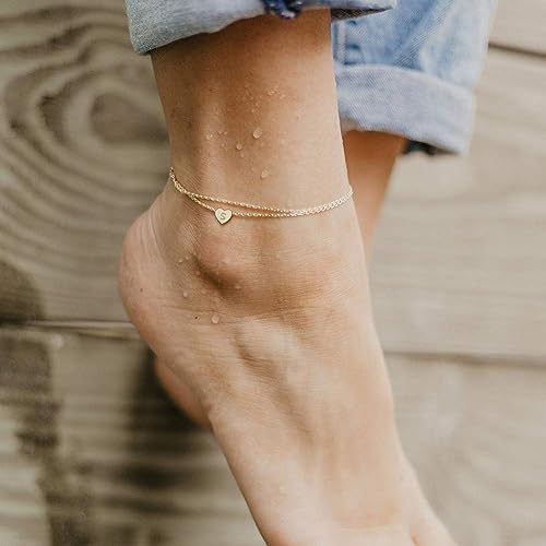 Photo 2 of Ursteel Ankle Bracelets for Women, 14K Gold Plated Dainty Layered Heart Initial Anklets for Women Teen Girls