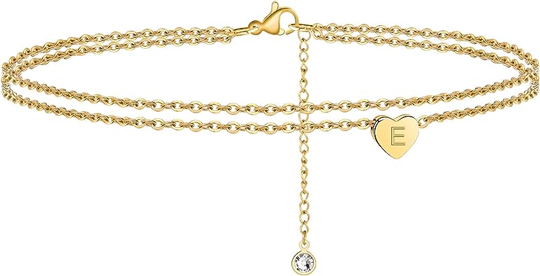 Photo 3 of Ursteel Ankle Bracelets for Women, 14K Gold Plated Dainty Layered Heart Initial Anklets for Women Teen Girls
