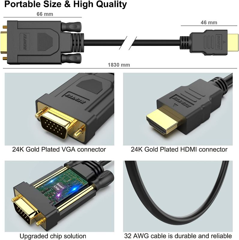 Photo 2 of BENFEI HDMI to VGA 6 Feet Cable, Uni-Directional HDMI to VGA Cable (Male to Male) Compatible for Computer, Desktop, Laptop, PC, Monitor, Projector, HDTV, Raspberry Pi, Roku, Xbox and More