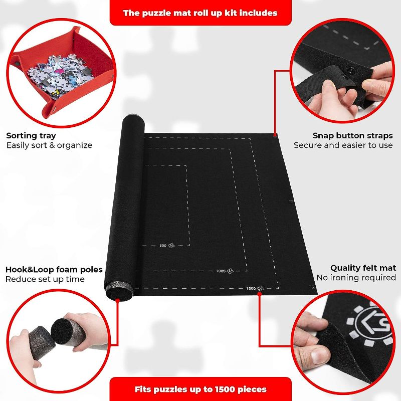 Photo 2 of Marbs Puzzle Mat Roll Up with Guiding Lines for 500,1000,1500 Pieces. Roll Your Jigsaw Puzzle in 30sec - Portable Storage Mat 24"x46" with 2 Foam Poles, 3 Fastening Straps, Sorting Tray & Storage Bag