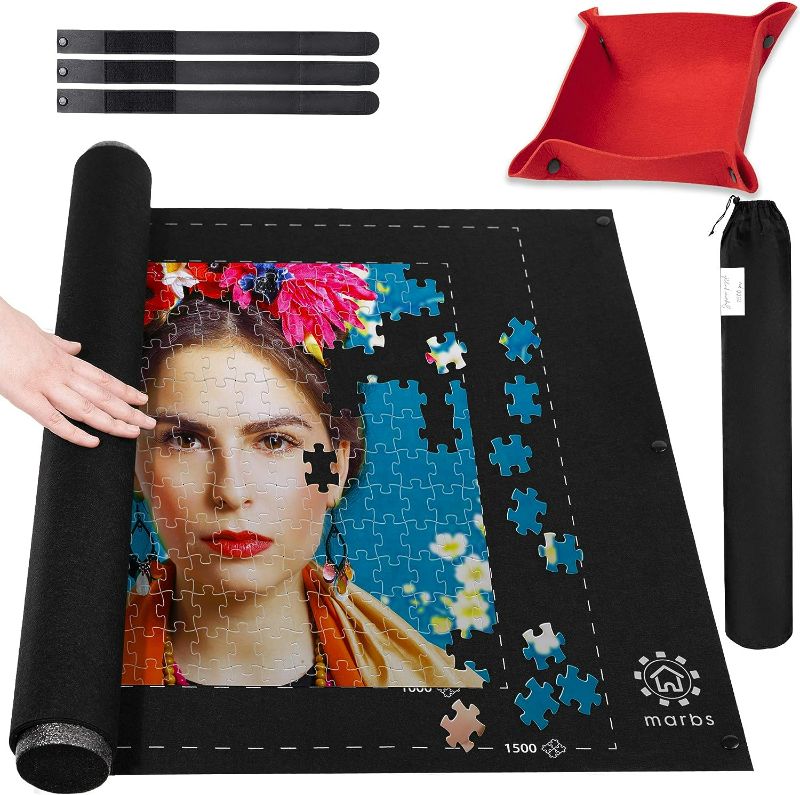 Photo 1 of Marbs Puzzle Mat Roll Up with Guiding Lines for 500,1000,1500 Pieces. Roll Your Jigsaw Puzzle in 30sec - Portable Storage Mat 24"x46" with 2 Foam Poles, 3 Fastening Straps, Sorting Tray & Storage Bag