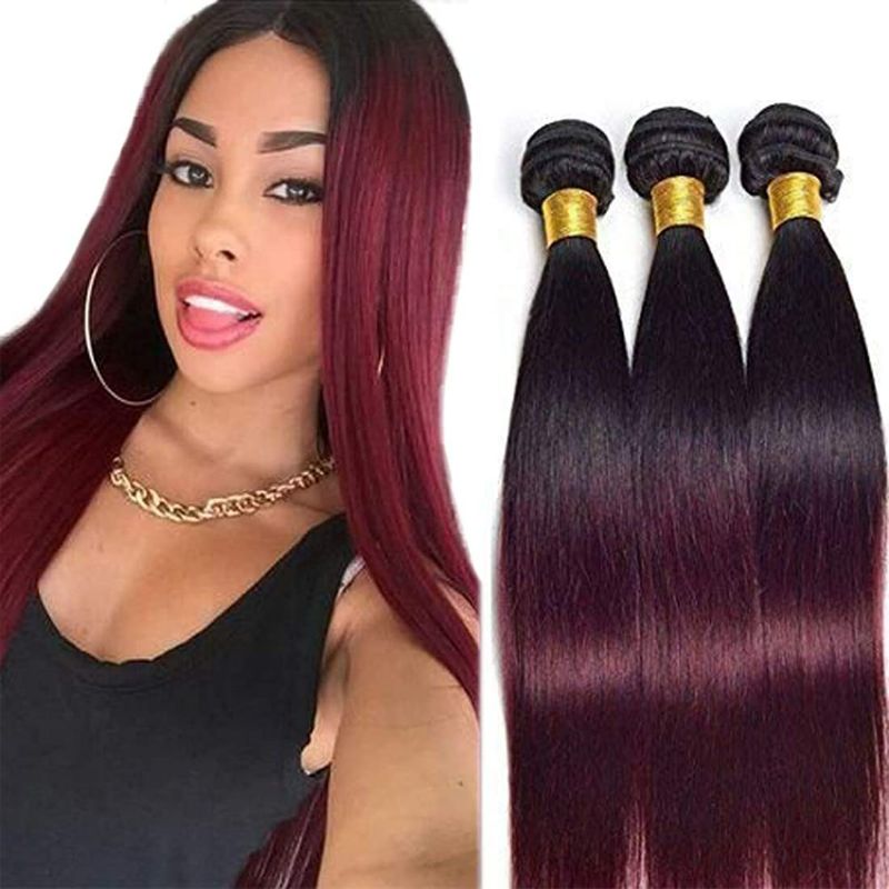 Photo 1 of Burgundy Bundle Human Hair Tow Tone #1B/99J Remy Hair Bundle Straight 100% Unprocessed Virgin Hair 8A Grade Black To Burgundy Hair Weave Tangle Free Ombre Hair 3 Bundles 18 20 22 inch
