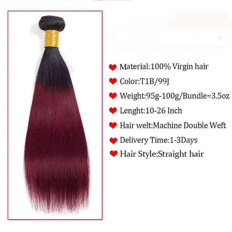 Photo 3 of Burgundy Bundle Human Hair Tow Tone #1B/99J Remy Hair Bundle Straight 100% Unprocessed Virgin Hair 8A Grade Black To Burgundy Hair Weave Tangle Free Ombre Hair 3 Bundles 18 20 22 inch
