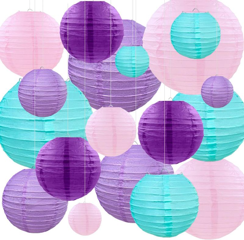 Photo 1 of PheiLa 18 Pcs Paper Lanterns Party Decorations Pink Purple Blue Round Hanging Paper Lanterns for Mermaid Unicorn Theme Birthday Party Decoration Girls Baby Shower Party Supplies