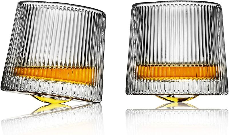 Photo 1 of Spinning Old Fashioned Whiskey Glasses, set of 2 rocks glasses - bar glasses for drinking bourbon, scotch, cocktails, cognac, tequila, irish, brandy