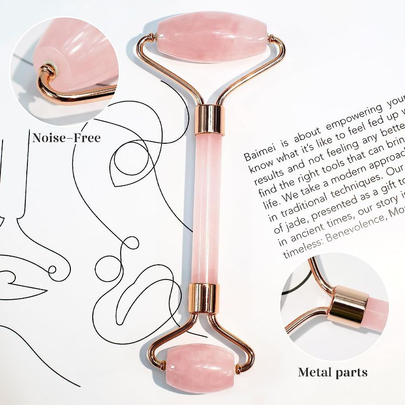 Photo 2 of Rose Quartz Roller & Gua Sha, Face Roller, Facial Beauty Roller Skin Care Tools, Massager for Face, Eyes, Neck, Body Muscle Relaxing and Relieve Fine Lines and Wrinkles - Rose Quartz