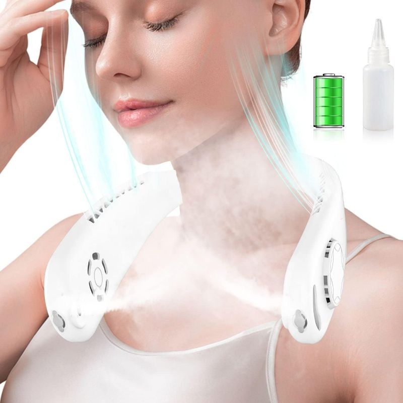 Photo 1 of Portable Neck Fan with Water Mist Spray,Personal Misting Fans for Outside Travel,Cordless Bladeless Rechargeable Battery Operated Fan,Mini USB Cooling Air Conditioner,Fan Mister for Women Men Kids