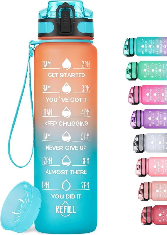 Photo 1 of Motivational Water Bottle with Time Marker & Fruit Strainer, Leak-proof BPA Free Non-Toxic Bottle with Carrying Strap, Perfect for Fitness, Gym and Outdoor Sports