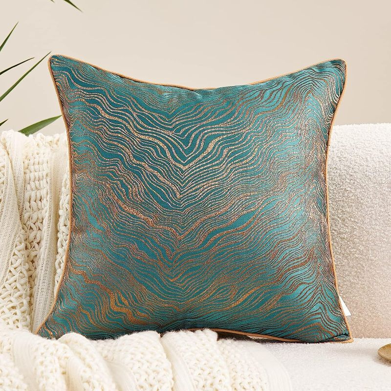 Photo 1 of Avigers 20 x 20 Inch Square Green Teal Gold Abstract Striped Embroidery Cushion Case Luxury Modern Throw Pillow Cover Decorative Pillow for Couch Living Room Bedroom Car
