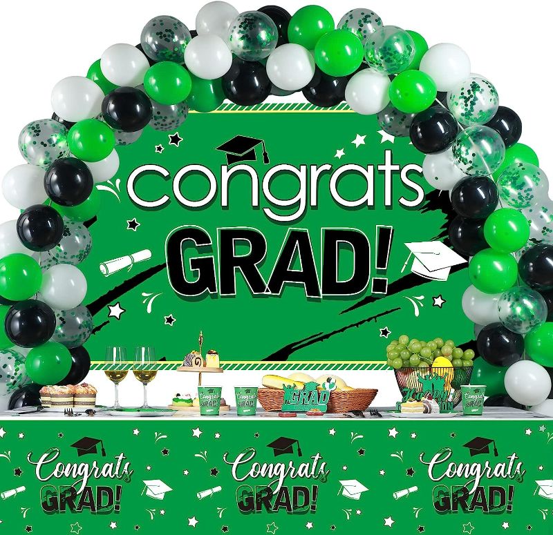 Photo 1 of 53 Pcs Graduation Decorations 2023 Congrats Grad Backdrop Banner Graduation Tablecloth Congrats Latex Balloons with Ribbons for University High School Graduation Party Supplies (Green and Black)
