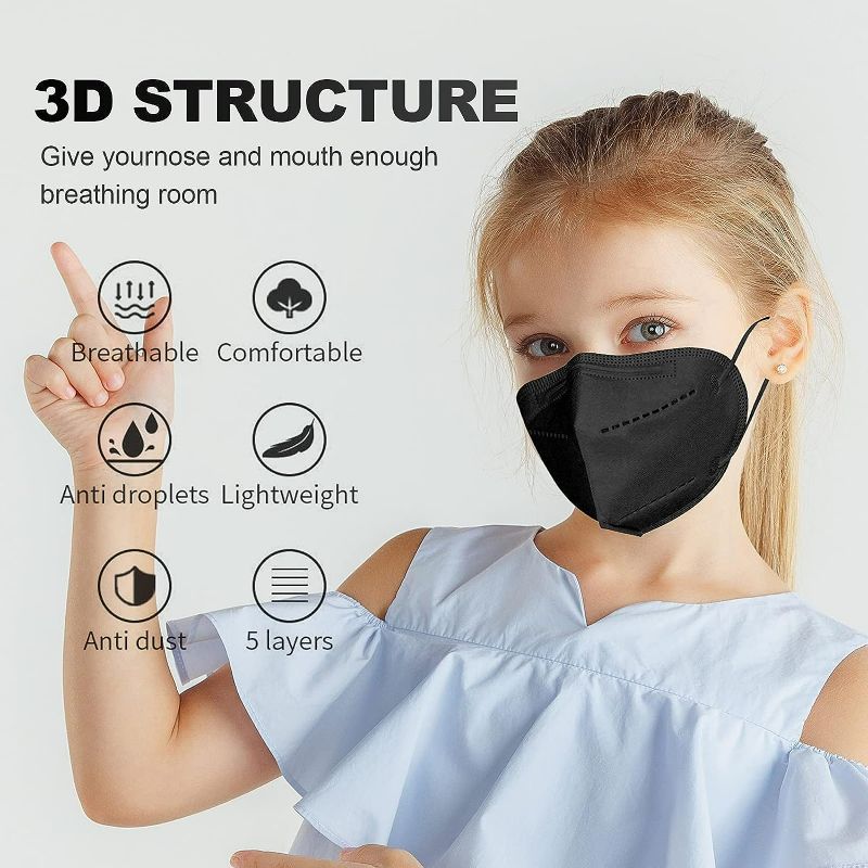 Photo 2 of MOORAY Kids KN95 Mask 25 Pack ,Black KN95 Mask 5-Layer with Adjustable Ear Loop Disposable KN95 Face Masks Protection for Children
