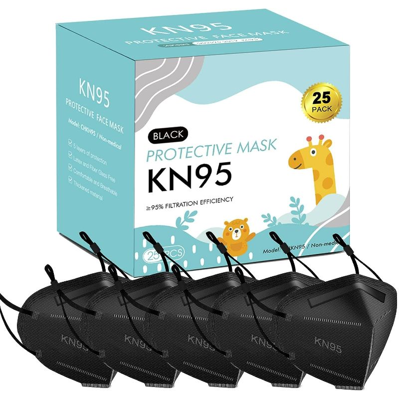 Photo 1 of MOORAY Kids KN95 Mask 25 Pack ,Black KN95 Mask 5-Layer with Adjustable Ear Loop Disposable KN95 Face Masks Protection for Children
