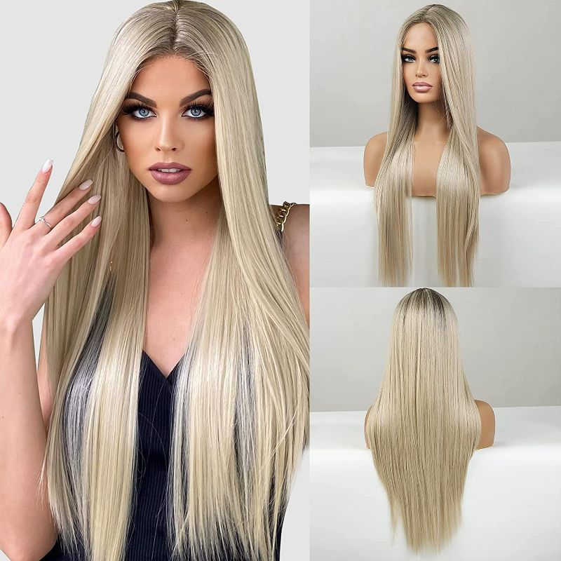 Photo 1 of Long Blonde Lace Front Wig for Women, 30 Inch Natural Hair Straight Synthetic Wigs Middle Part,Hand Tied/Longlife/Lightweight