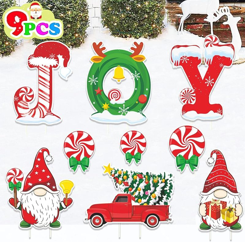 Photo 2 of 9 PCS Joy Christmas Decorations Outdoor, Christmas Yard Sign with Stakes-Gnomes Candy Christmas Tree Truck, Joy Signs for Yard Home Lawn Pathway Walkway Decor, Multiple Display Methods
