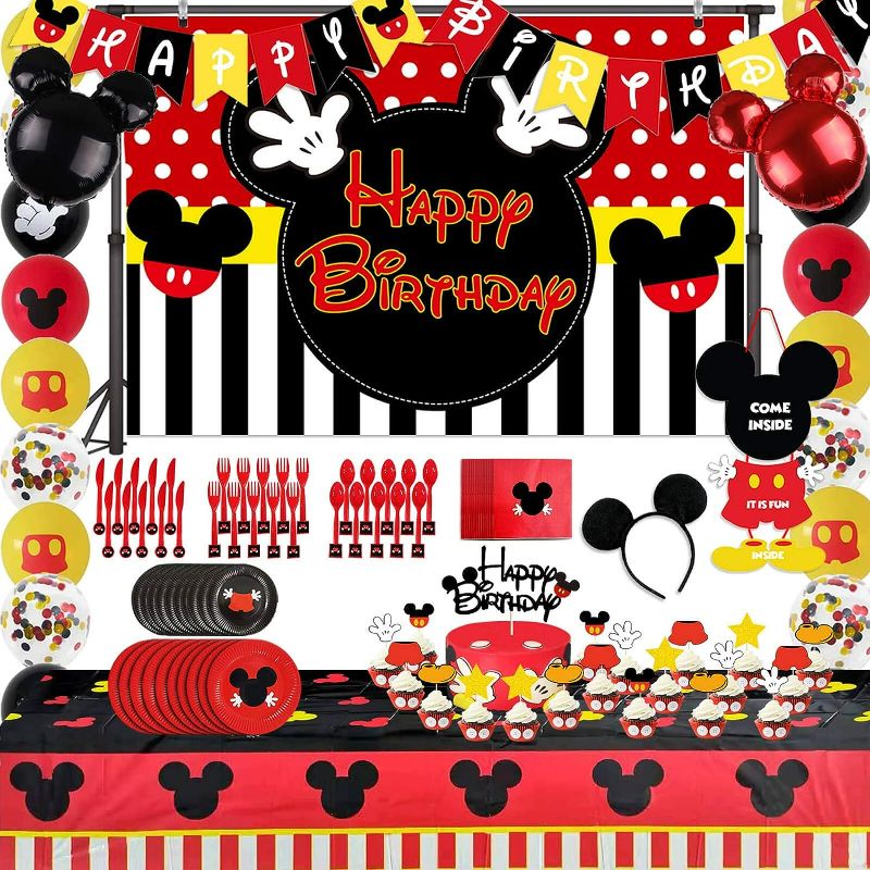 Photo 1 of 123pcs Mickey Birthday Party Supplies Decorations, Mickey Happy Birthday Backdrop, Tablecloth Knives Forks Spoons Napkins Plates Flatware, Mouse Banner Cake Topper for Boys 1st 2nd 3rd 4th 5th Bday
