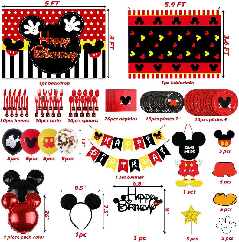 Photo 2 of 123pcs Mickey Birthday Party Supplies Decorations, Mickey Happy Birthday Backdrop, Tablecloth Knives Forks Spoons Napkins Plates Flatware, Mouse Banner Cake Topper for Boys 1st 2nd 3rd 4th 5th Bday
