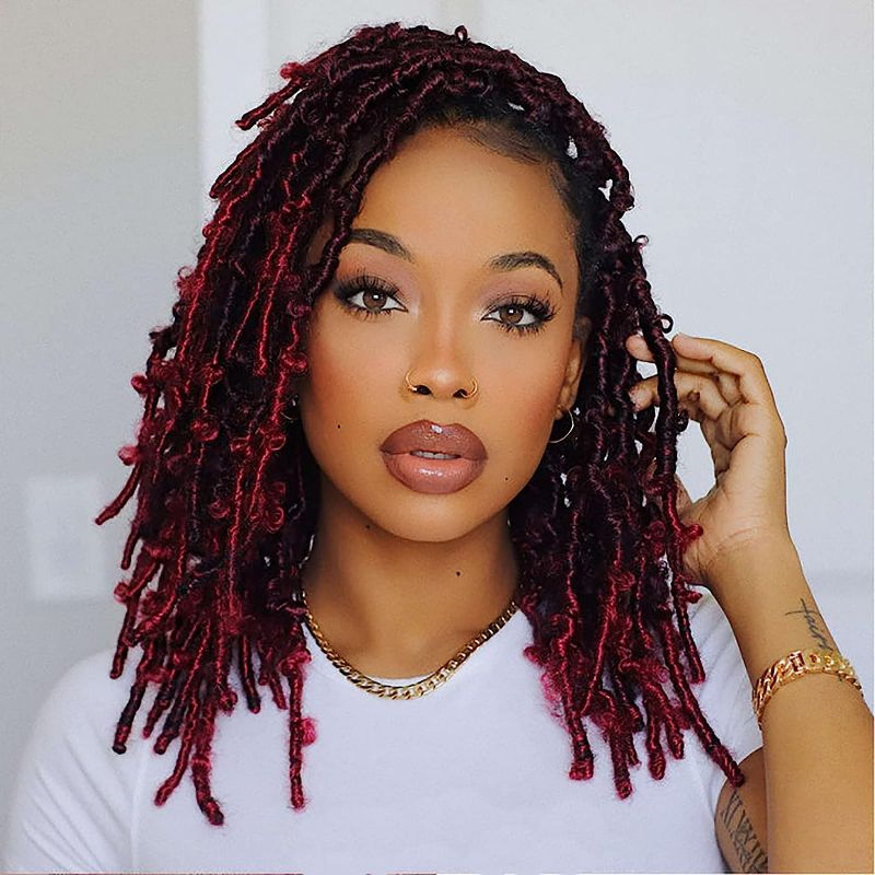 Photo 2 of ToyoTress Butterfly Locs Crochet Hair - 14 inch 8 Pcs Ombre Burgundy Faux Locs Pre-twisted Distressed Crochet Braids Pre-looped Synthetic Braiding Hair Extensions (14 Inch, T118-8P)

