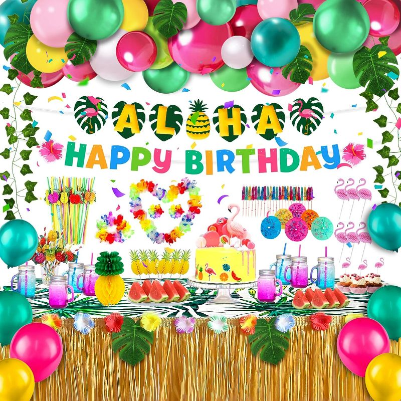 Photo 1 of Party Spot! Luau Party Decorations, Hawaiian Party Decorations, Tropical Party Decorations - ALOHA Banner, HAPPY BIRTHDAY Banner, Table Skirt, Table Covers, Multi-Color Balloons,Multi-Type Topper, Leaves And Drinking Straws
