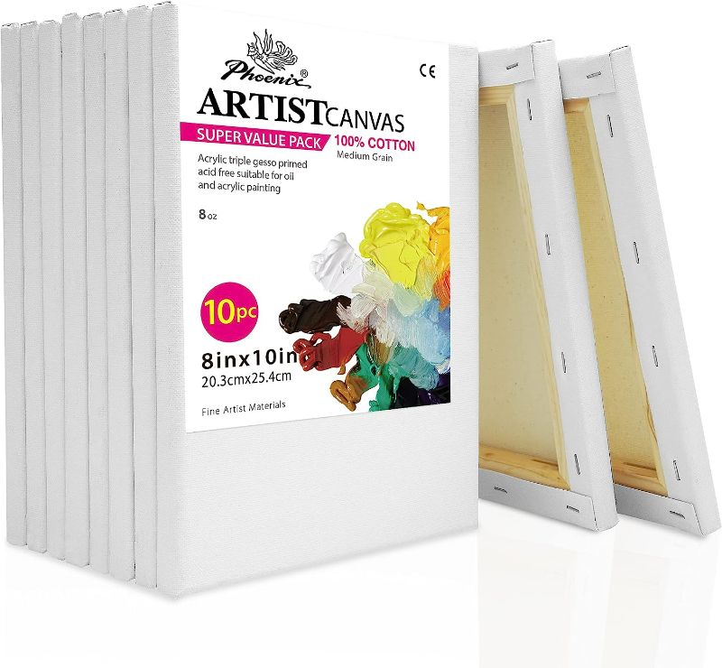Photo 1 of PHOENIX Stretched Canvas for Painting 8x10 Inch/10 Value Pack, 8 Oz Triple Primed 5/8 Inch Profile 100% Cotton White Blank Canvas, Artist Framed Canvas for Oil Acrylic & Pouring Art

