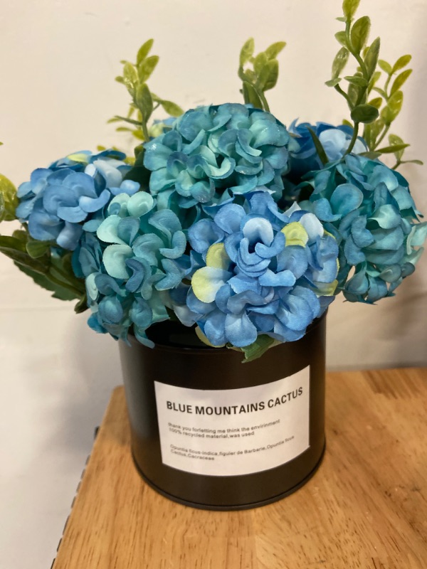 Photo 3 of BAOZOON Artificial Plant Potted Fake Hydrangea Flowers in Metal Pot Suitable for Home Living Room Office Table Wedding Realistic Décor (Blue)
