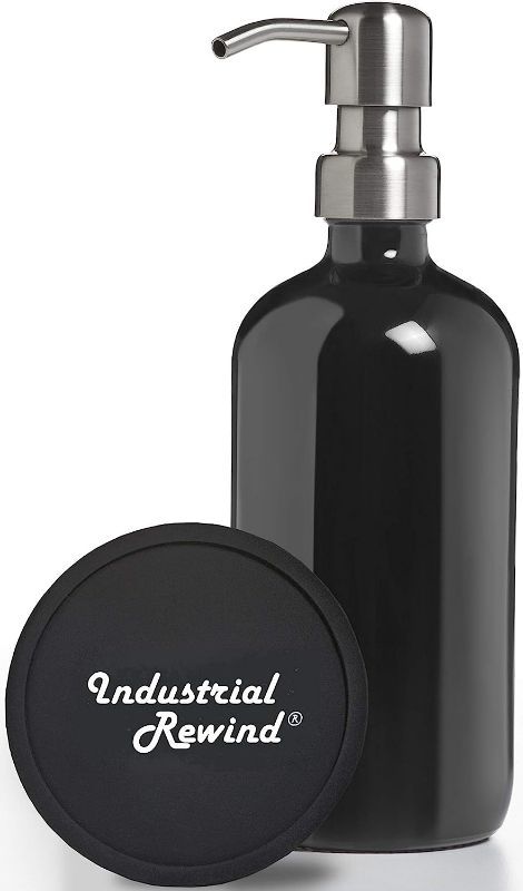 Photo 1 of Black Soap Dispenser 8oz Glass Soap Dispenser with Metal Pump. Comes with Non Slip Coaster/Countertop Protector. Half Pint Glass Bottle by Industrial Rewind® (Stainless Pump)
